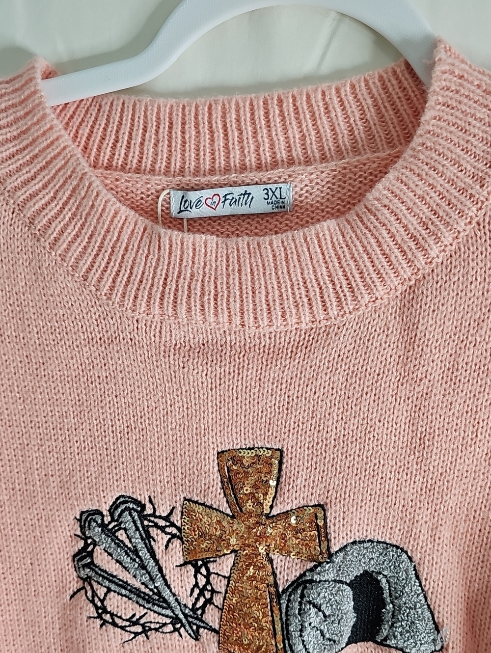 Live And Faith Relaxed Pink Crewneck Sweater with Embroidered Front - Picture 2 of 8